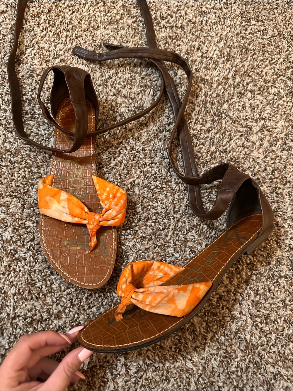Sam Edelman Brown Leather Wrap Sandals with Orange Knotted Toe Strap